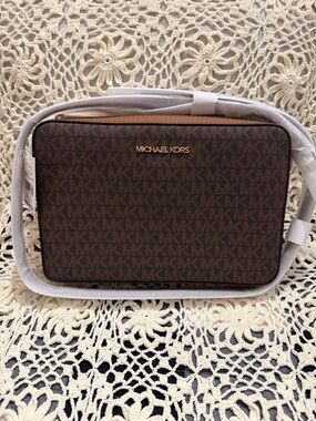 Michael Kors Brown MK Signature Crossbody Bag with Gold Logo